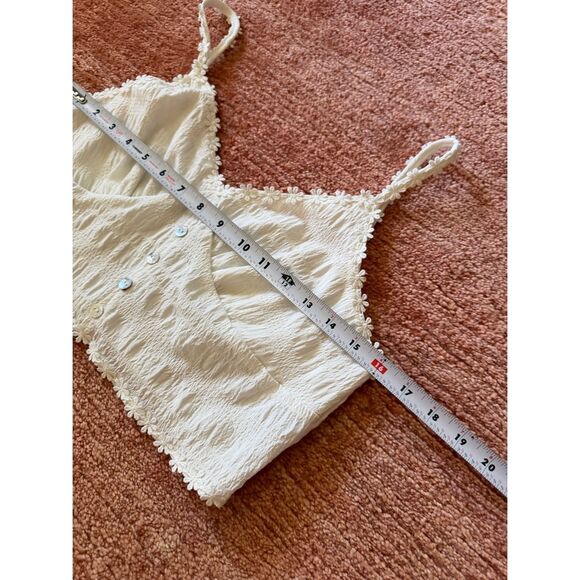 White Daisy Trim Smocked Crop Cami Top Button Front Coquette Cottagecore - Picture 4 of 7